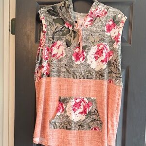 LuLaRoe Floral Sleeveless Hoodie in Pink and Gray